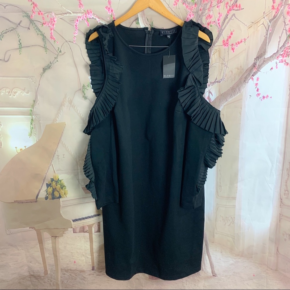 NEW Eloquii Pleated Ruffle Cold Shoulder Black Dress